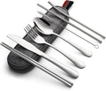 DEVICO Camping Utensils, Full-Size Travel Silverware Set with Case for Work | 8Pcs Stainless Steel Travel Cutlery Set, Portable Metal Straws Chopsticks Fork Spoon Knife Set for Lunch Box/School, Silver