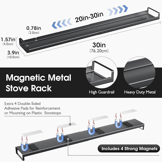 Bumusty 30" Adjustable Magnetic Stove Top Shelf, Matte Black | Expandable Spice Rack with Strong Magnetic Hold for Seasoning Storage and Kitchen Counter Organization