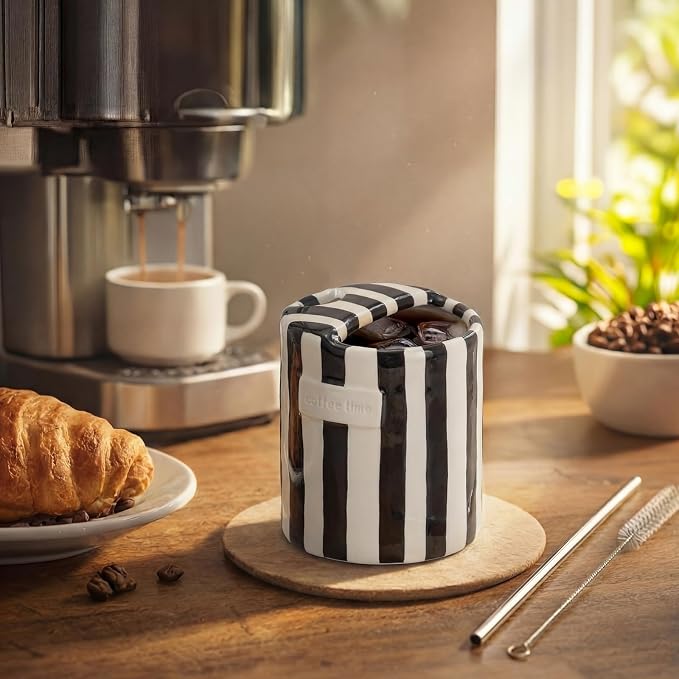 1 Pack Ceramic Mug with Sip Hole, Simple, Black | 10oz Ceramic Coffee Cup with Straws, Retro Hand Painted Striped, for Iced Coffee Tea Latte Espresso, Kitchen Dining Travel