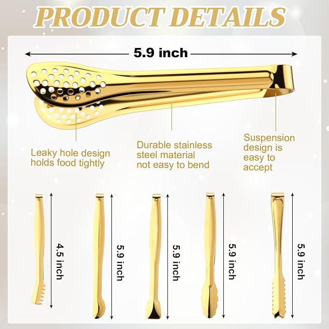 CHENGU 12 Pack Stainless Steel Tongs 6 Inches Food Serving Clip Kitchen Cooking Tongs High Heat Resistant Clips for Non Stick Cooking Grip for Ribs, Steak and Grill Salad