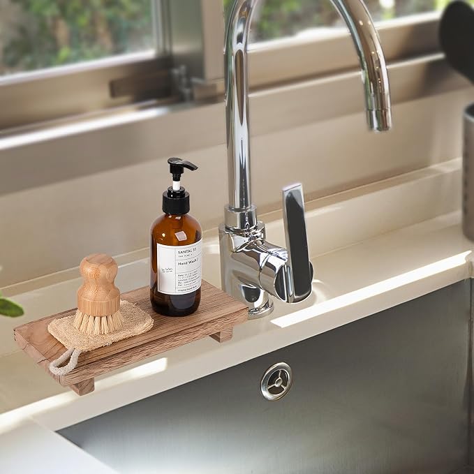 Wood Bathroom Tray Farmhouse Decor Kitchen Soap Holder, 10"x4.5" Brown | Waterproof, Lightweight, Easy Clean, Small Wooden Riser Pedestal Stand Accessories for Office Desk, Vanity, Counter, Sink
