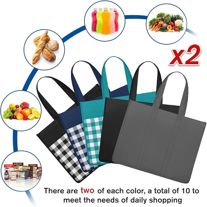 Reusable Grocery Shopping Bags 10 Pack Large Foldable Tote Bags Bulk | Eco Produce Bags with Long Handle for Shopping Groceries Clothes (Plaid B)