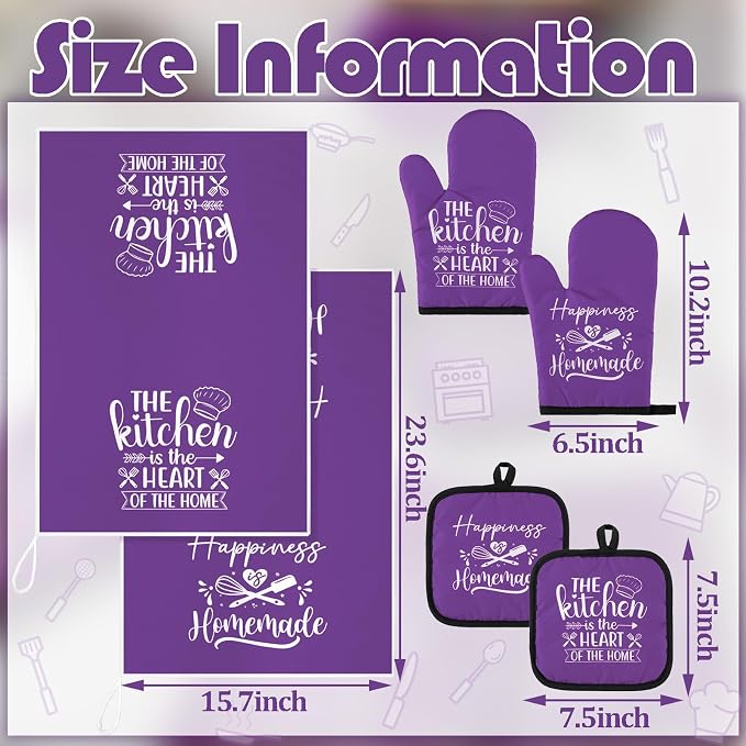Sratte 6 Pcs Kitchen Decor Accessories Set, Kitchen, Purple | Farmhouse Kitchen Towels Pot Holders Oven Mitts Set 2 Dish Towels 2 Potholders 2 Cooking Mittens for Baking Cooking Supply