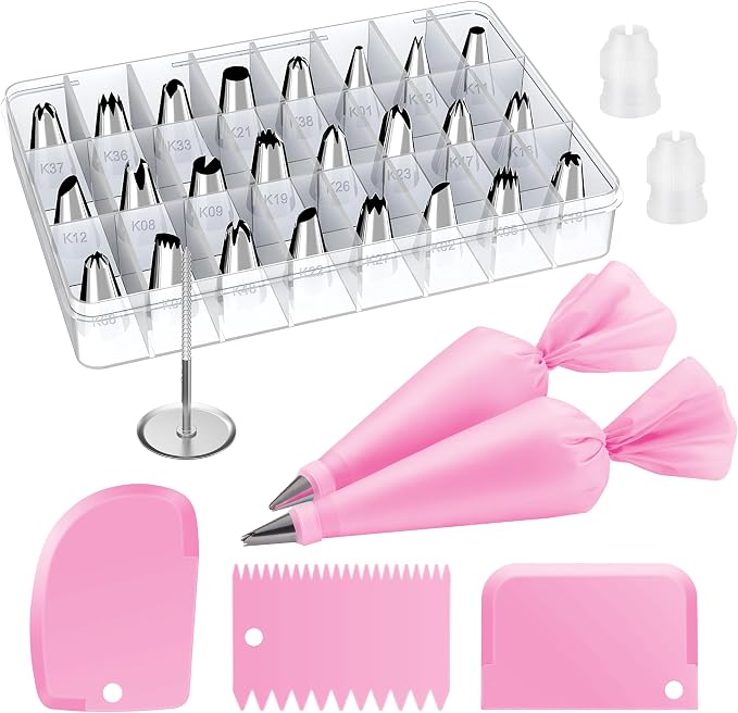 Kootek 32 Piping Bags and Tips Set Frosting Piping Kit for Beginners & Pros | Storage Case, Baking Supplies Tools, 24 Icing Tips, 2 Reusable Piping Bags, 3 Scrapers, for Cupcake Cookie Cake Decorating