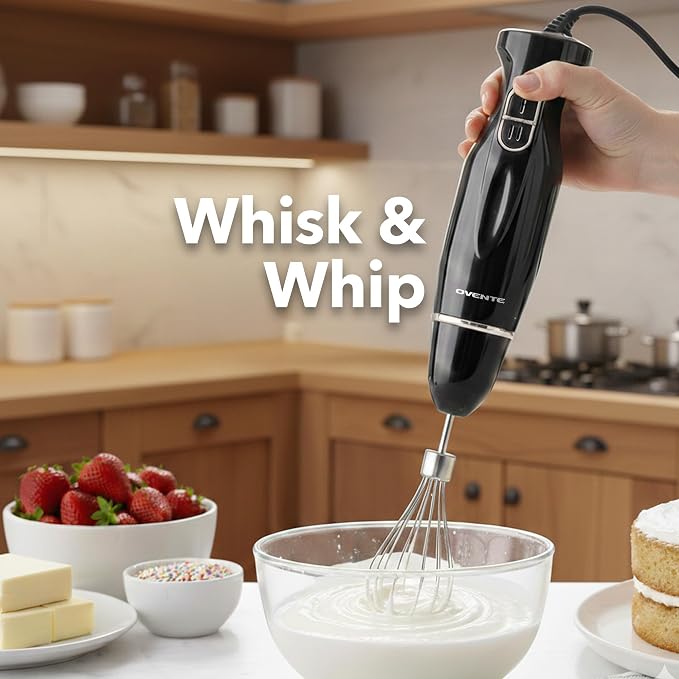 OVENTE Electric Hand Blender Set with 2 Mixing Speeds, 300W Black HS565B | Corded Immersion Handheld Stick Mixer with Stainless Steel Blades, Egg Whisk, Beaker & BPA-Free Food Chopper