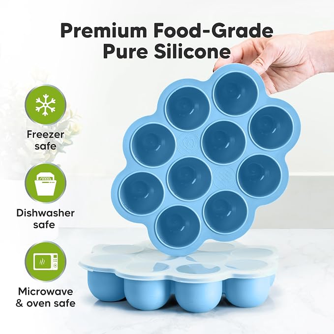 KeaBabies Silicone Food Freezer Trays with Lid, 2oz x 10 Pods (Misty Blue) | Baby Food Storage Containers, Easy Puree Meal Prep, Breast Milk Silicone Freezer Molds, Dishwasher, Microwave Safe, BPA-Free