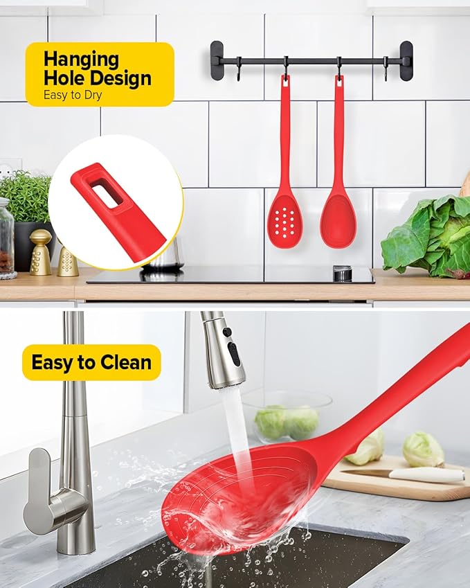 Pack of 2 Silicone Cooking Spoons, Non Stick Solid Kitchen Spoon with Measuring Marks & Back Hooks, Heat Resistant Silicone Slotted Spoon for Cooking, Mixing, Stirring,Serving (RED)
