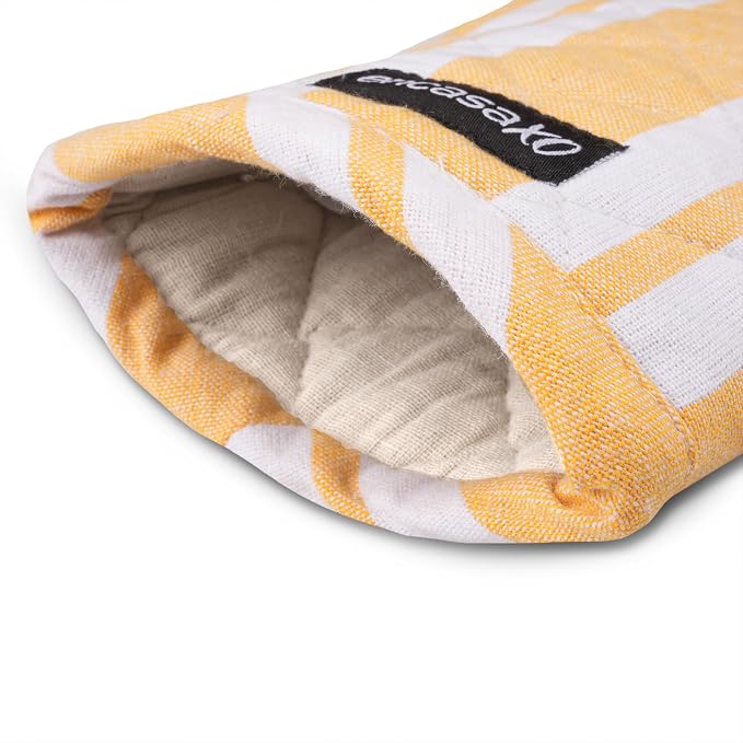 Encasa XO Oven Mitts, Heat Resistant Kitchen Gloves, Microwave | Franca Yellow Stripes, 100% Cotton | Diamond Quilted Insulation | Pot Holders | Hanging Loop | Barbecue & Grill | Set of 2