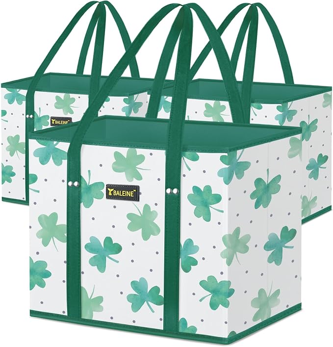 BALEINE 3PK Reusable Grocery Bags, Heavy Duty Shopping Tote Bag | 12'' Long Handles, Reinforced Bottom Keeps Upright, Fold Flat Storage, Water-Resistant Shopping Bag, Multiple Color Options