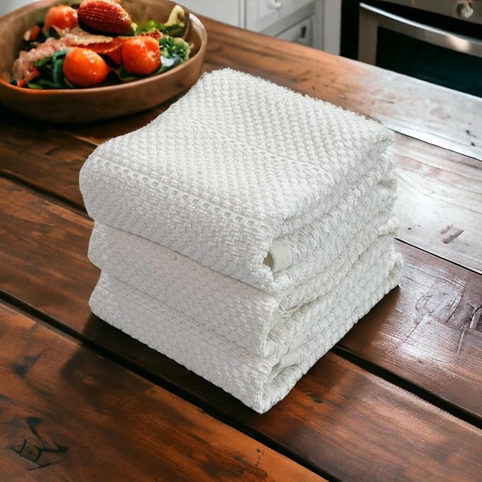 White Kitchen Hand Dish Towels, Set of 3, 100% Cotton, 18" x 28" | Terry Loop Textured, Soft & Absorbent Cleaning Cloth, Quick Dry, Multipurpose for Everyday Use