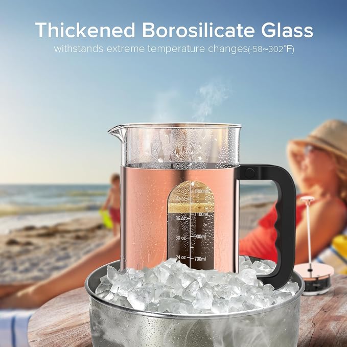 QUQIYSO French Press Coffee Maker 51oz, Stainless Steel Large French Press | Borosilicate Glass Coffee Maker,4 Filter,Coffee Press,Easy to Clean,Perfect for Party Kitchen Camping Travel Gifts(Copper)