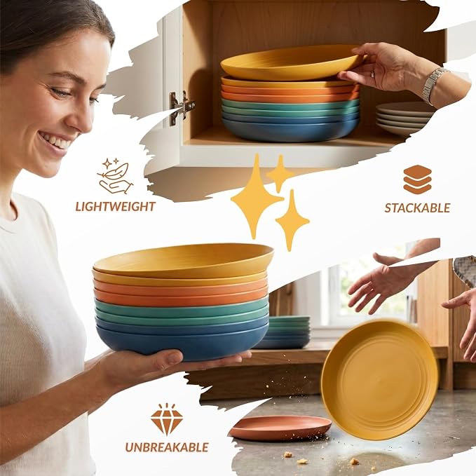 Deep Dessert Plates Unbreakable Wheat Straw Dinner Plates 8 PCS Microwave & Dishwasher Safe Plates Sets for Kitchen, Camping, Reusable Plastic Plates for Kids, Appetizer (Colorful, 8 inch)