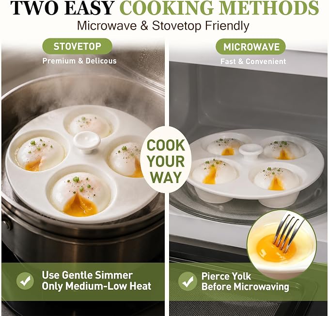Ceramic Egg Poacher, Egg Poacher Pan Nonstick 4 Eggs For Stovetop | Poached Egg Cooker, Egg Poacher Fits For Stovetop And Microwave Cooking, Nonstick Ceramic Cups Release Eggs Easily And Clean.