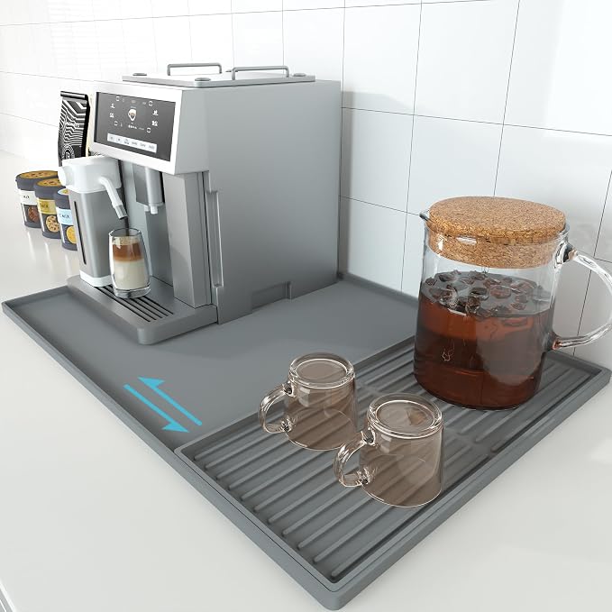 Golener Coffee Bar Mat Set, Silicone Coffee Mat with Raised Edges, 24"x16" | Coffee Mat for Countertop, Waterproof Coffee Station Mat, Dish Drying Mat Under Rack, Heat Resistant Coffee Machine Mat, Gray