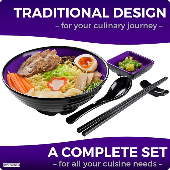 Unbreakable Ramen Bowl Set with Chopsticks and Spoon: 2 large Japanese Style Melamine Ramen Bowls (2 Bowl Set, Purple-Black)