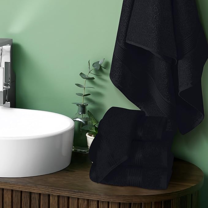 Ultra Soft 6 Pack Cotton Towel Set, Contains 2 Bath Towels 28x55 inch, 2 Hand Towels 16x24 inch & 2 Wash Coths 12x12 inch, Ideal for Everyday use, Compact & Lightweight - Black