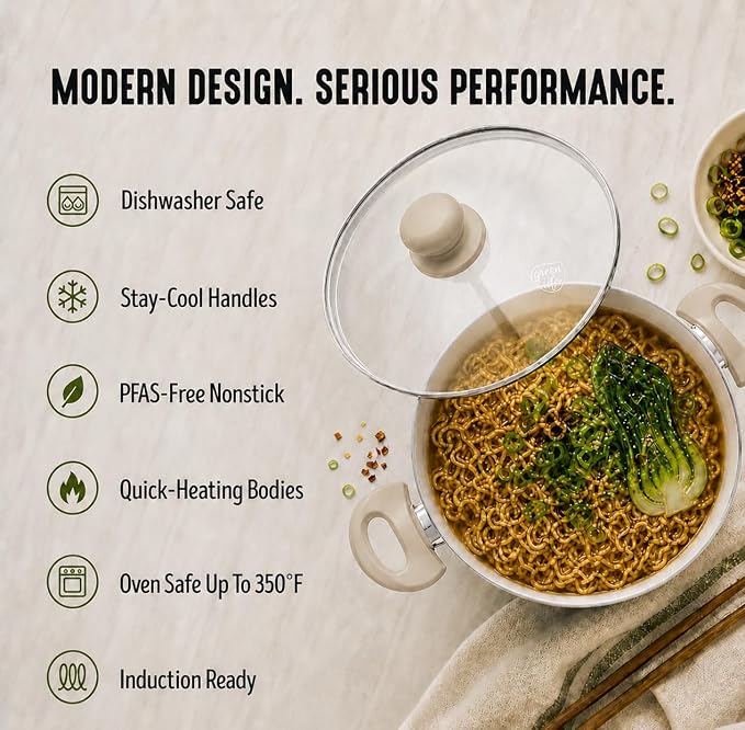 GreenLife 5QT Ceramic Nonstick Stockpot with Lid, Beige Taupe | PFAS-Free Nonstick Coating, Casserole Pot, Soup Pot, Pasta Pot, Induction Ready, All Stovetop Compatible, Dishwasher Safe