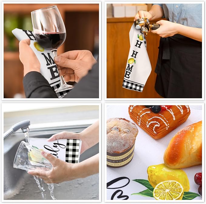 5 Pcs Buffalo Plaid Kitchen Towels Oven Mitts and Pot Holder Set,Lemon | Lemon Checkered Kitchen Decor, Black and White Kitchen Towels Oven Gloves, Lemon Farm House Accessories Decor, High Quality