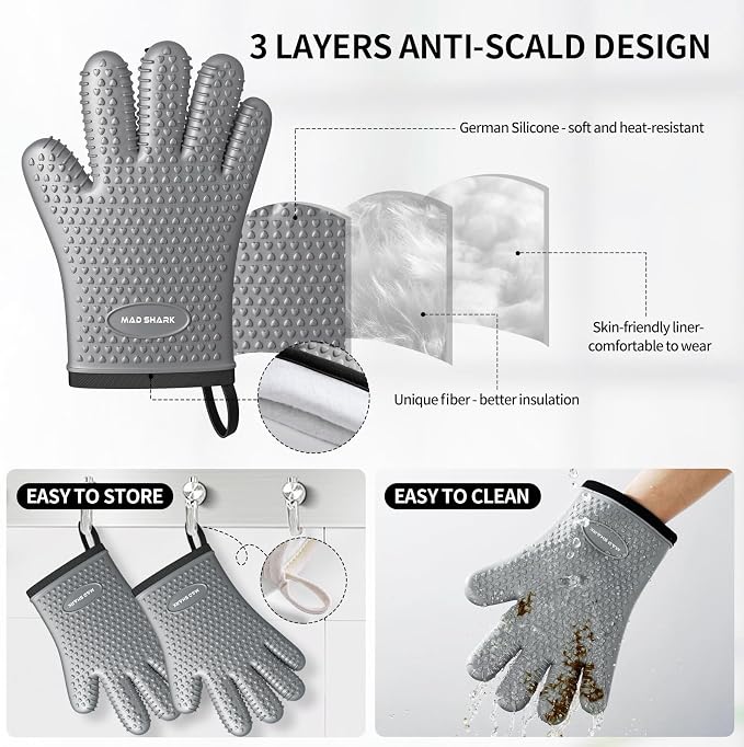 MAD SHARK Silicone Oven Mitts with Fingers Heat Resistant 450°F in Kitchen | Waterproof & Non-Slip Oven Gloves,Cotton Lined Silicone Kitchen Mitts for Baking Cooking Barbecue,Women (Grey)