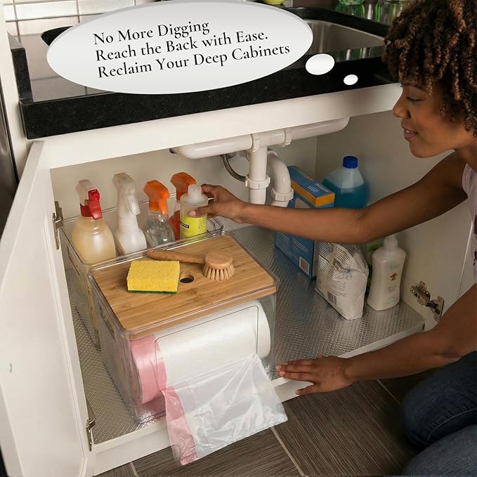 Hudgan 2 in 1 Acrylic Trash Bag Dispenser Under Sink, Garbage Bags Holder with Stackable Bamboo Top for Kitchen, Pantry, Laundry Room