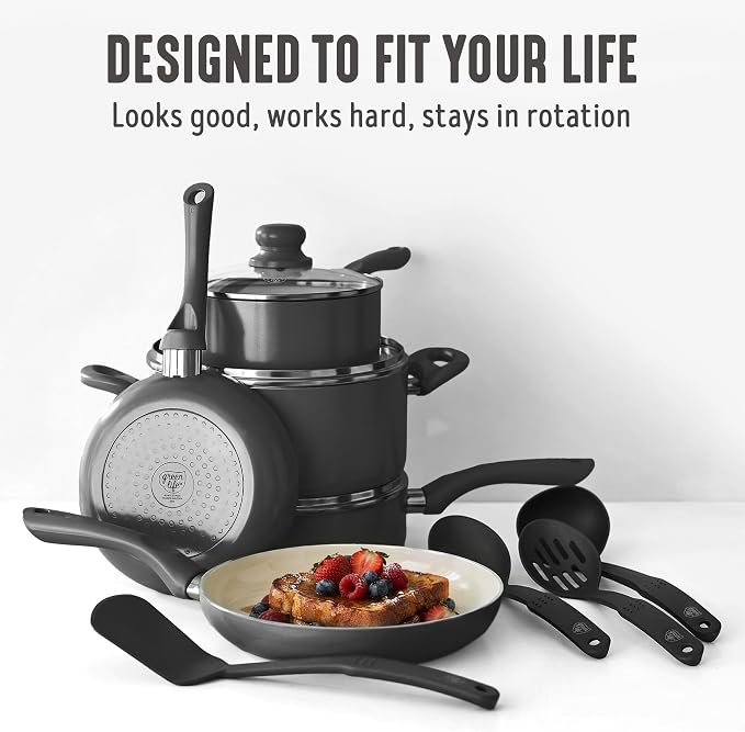 GreenLife 16pc Ceramic Nonstick Pots & Pans Cookware Set, Graphite Black | PFAS-Free Nonstick Coating, Stockpot, Frying Pans, Saucepan, Sauté, Induction Ready, All Stovetop Compatible, Dishwasher Safe