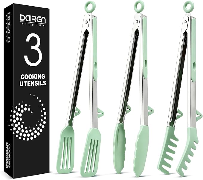Kitchen Tongs for Cooking, Non Scratch Silicone Tip for Nonstick Cooking Pans, Food Grade Mini Serving Tongs, Pull Lock, Set of 3 (Green, 12 inch)
