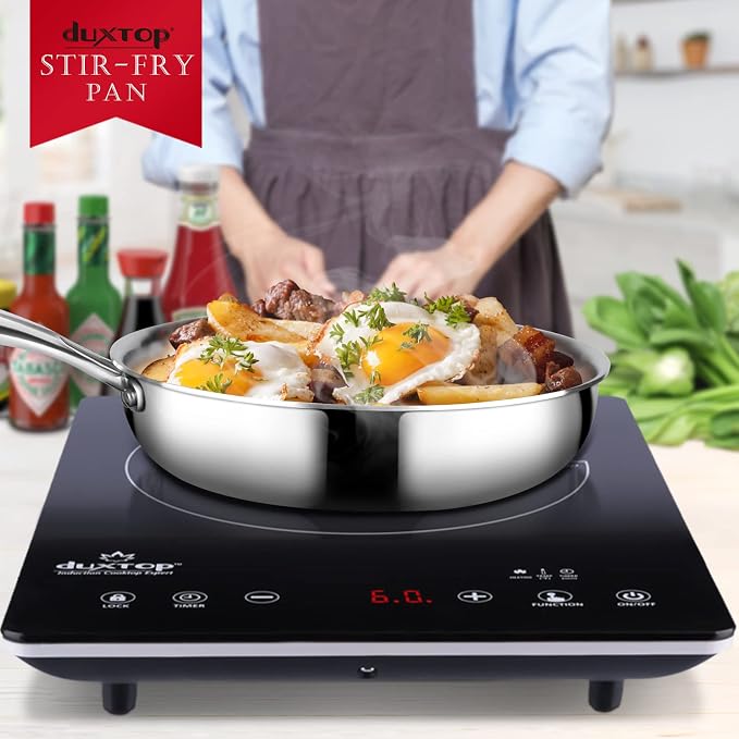 Duxtop Whole-Clad Tri-Ply Stainless Steel Stir-Fry Pan Kitchen Induction Cookware 8 Inches | Whole Clad Stainless Steel Wok Pan for Stir Fry, Sautéing and Quick Meals