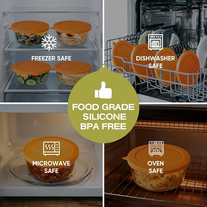 Silicone Lids Replacement for Snapware 7201R 4 Cup Round Glass Storage Containers (Containers Not Included) (Yellow - 4 Pack)