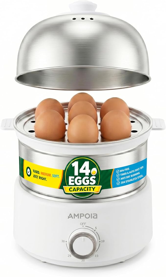 14 Eggs Electric Egg Cooker, 350W Rapid Egg Boiler with 30-Min Timer & Auto Shut-Off, Stainless Steel, Dishwasher Safe for Soft, Medium, Hard Boiled, Steamed Eggs, Vegetables & Seafood, White