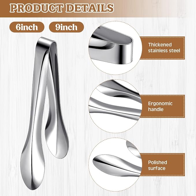 2 Pack Polished Stainless Steel Serving Tongs 6 and 9 Inch Metal Food Silver Tong for Buffet Salad BBQ Grilling Heavy Duty Kitchen Utensils for Cooking Catering Wedding Party