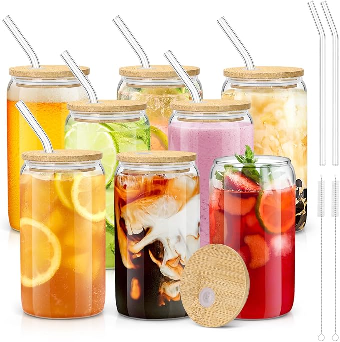 Glass Cups with Lids and Straws - 16 oz Glass Drinking Cups Set for Coffee | Glass Cups with Bamboo Lids, Iced Coffee Cup, Home Essential, Coffee Bar Accessories, Glass Tumbler, Reusable, 8 Pack