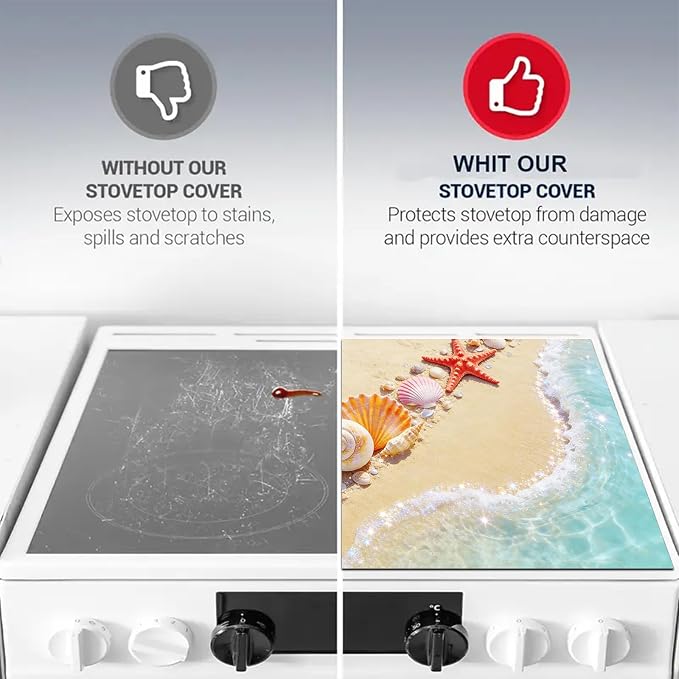 HOMETITUTE Summer Stove Top Covers for Electric Stove 28x20 Inches Heat Resistant Glass Cooktop Protector Pad Coastal Seashell Beach Decorative Stovetop Cover for Kitchen Coffee Bar Decor