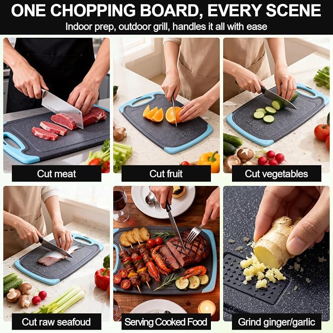 Plastic Cutting Boards for Kitchen non BPA, 3 Pieces, Dishwasher Safe, Aqua | Chopping boards Set with Juice Grooves, Easy Grip Handle, Non-Slip, Grinding Area for Grinding Garlic and Ginger