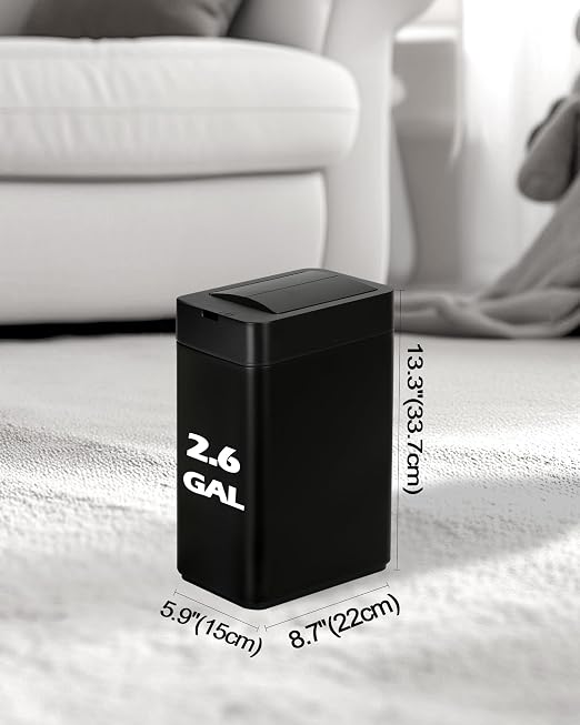 ELPHECO Slim Bathroom Trash Can with Lid 2.6 Gallon Smart Trash Can Black | Motion Sensor Butterfly Lid Garbage Can Automatic Stainless Steel Wastebasket Bathroom Decor for Bedroom Office Toilet