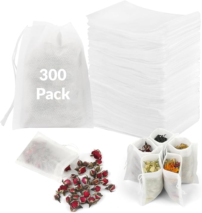 300 Pcs Disposable Empty Tea Bags for Loose Leaf Tea | 3.54" x 2.75", Food-grade, with Drawstring, Safe for Hot Water Brewing, for Coffee, Herbs, Spices, Tea Filter Sachets Infuser