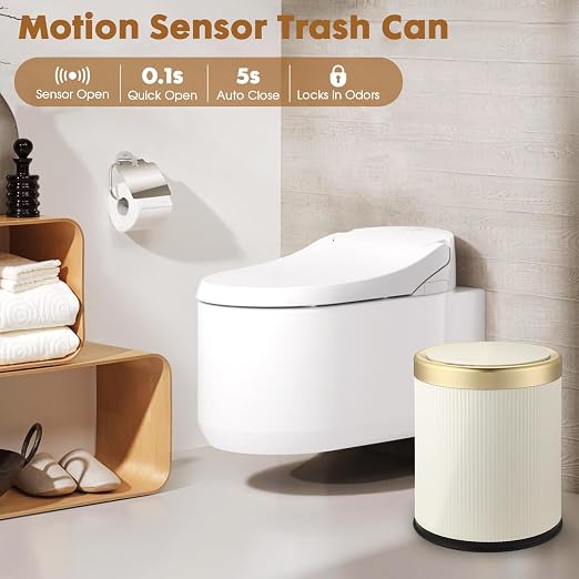 Automatic Bathroom Trash Can with Lid, Touchless Trashcan White Gold | 3.7 Gallon Motion Sensor Garbage Can, Cute Modern trash bin,Smart Waterproof Trash Bin for Bedroom, Office, Restroom,Outdoor