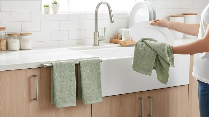 Sage Green Kitchen Hand Dish Towels, Set of 3, 100% Cotton, 18" x 28" | Terry Loop Textured, Soft & Absorbent Cleaning Cloth, Quick Dry, Multipurpose for Everyday Use