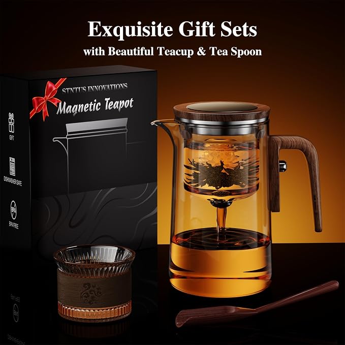 Enchanti Tea Pot, One Touch Glass Teapot with Infuser, Tea Maker for Loose Leaf Tea, Tea Gifts Set -27oz/800ml