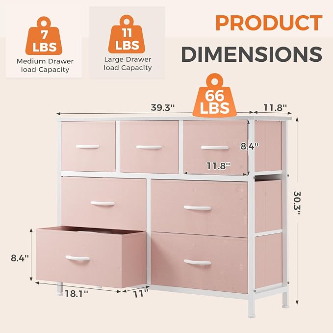 Sweetcrispy 7 Drawer Dresser for Bedroom Storage with Fabric Bins, Pink | Anti-Tip Closet Organizer, Wooden Top and Sturdy Steel Frame, Spacious Drawers for Girls Clothes Storage, Hallway Entryway