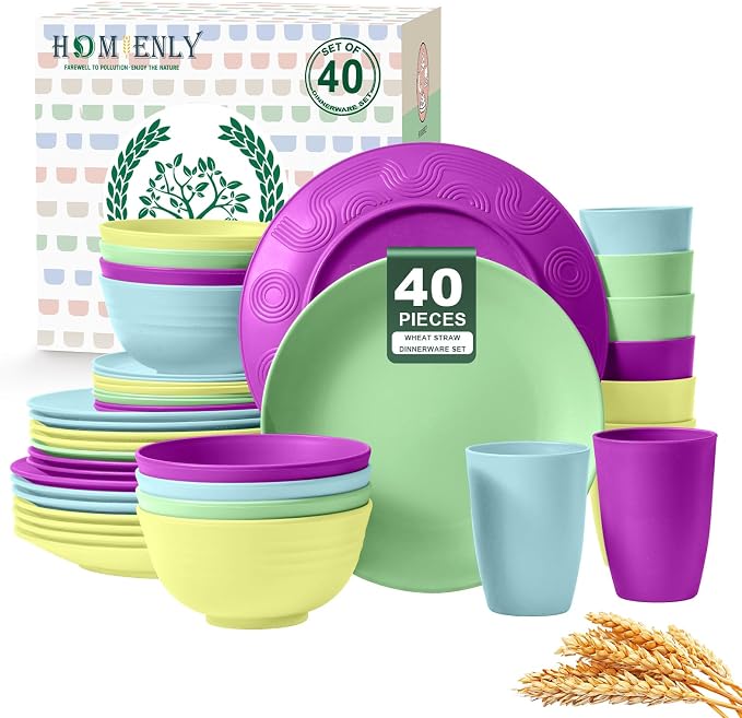 40-Piece Kichen Dinnerware Set, Wheat Straw Dinnerware Set, Plates, Bowls, Drinking Cups, Service for 8, Dishwasher & Microwave Safe Dish Set, Unbreakable Plates and Bowls Set - Memphis