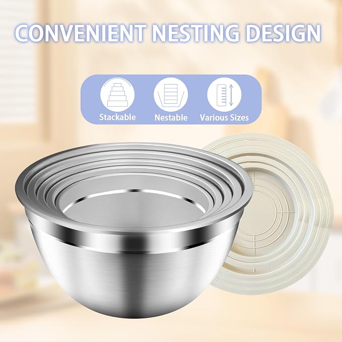 Mixing Bowls with Airtight Lids Set, 5 PCS Stainless Steel Khaki | Nesting Storage Bowls for Kitchen, Large Prep Metal Bowl , 5.5/4/3.5/2/1.5 QT for Mixing, Serving & Backing, Dishwasher Safe