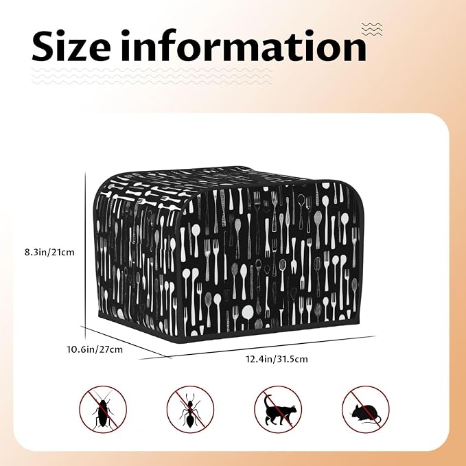 4 Slice Toaster Cover Fork Spoon Pattern Black Dust Proof Washable Kitchen Appliance Cover with Pocket, Oxford Fabric Countertop Toaster Protector for Standard Toasters Small Appliances