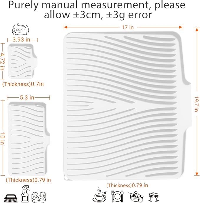 Silicone Dish Drying Mat for Kitchen counter | 19.7"x17" Dish Drainer Mat, Heat-Resistant Kitchen Counter Mat & Over-Sink Drying Tray, Can Be Hung, lvory-1Set-L