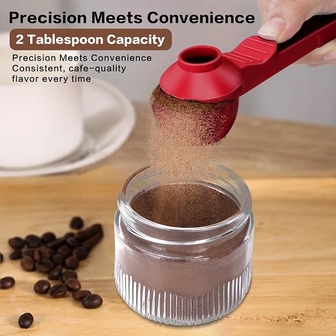 2-in-1 Coffee Scoop with Funnel, 2 Tbsp Measuring Spoon for Reusable K Cups, Ground Coffee, Protein Powder & Tea, Mess-Free Plastic Design（Red-2pack）