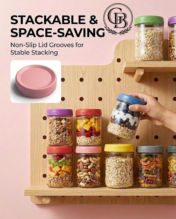 16 oz 4-Pack Overnight Oats Containers with Lids | Glass jars with Airtight Lids, Wide mouth Mason jars, Leakproof and Reusable Food Storage Jars (4-2)