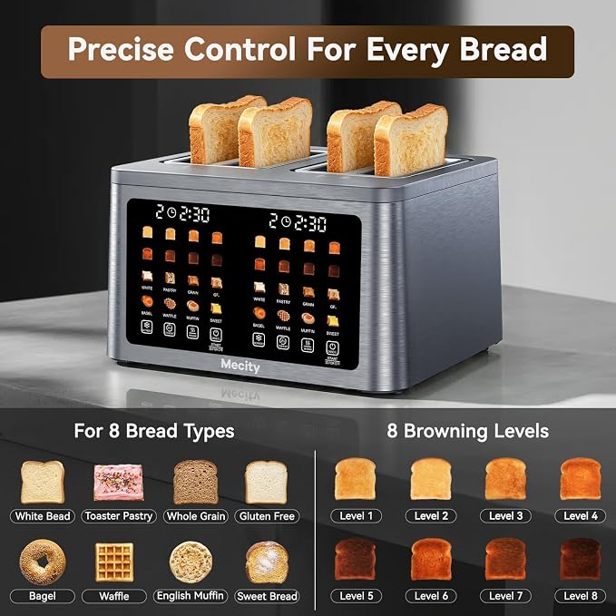 Mecity 4 Slice Toaster Wide Slot, Auto Lift Keep Warm Smart Toaster with Touch Screen, Dual Control Panel, Defrost, Auto Shut Off Digital Toasters for Bagel Muffin Waffle Gluten Free Breads1700W 120V