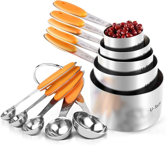 U-Taste Measuring Cups Spoons Set, 18/8 Stainless Steel, 10Pcs, Orange | Upgraded Thickened Handle, Reinforced Welded Joints, Nested Stackable Design, Metal Measure Set for Kitchen Baking Cooking