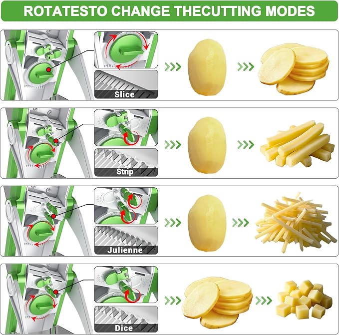 SupMaKin Upgrade Safe Mandoline Slicer, Vegetable Chopper, Potato Slicer 4 Modes Adjustable Thickness Food Cutter, Kitchen Chopping Artifact (6 in 1 Green) | 4 Modes Slice, Strips,Julienne Dicer,Vegetables Slicer Fry Food Cutter,Stainless Steel Blades,...