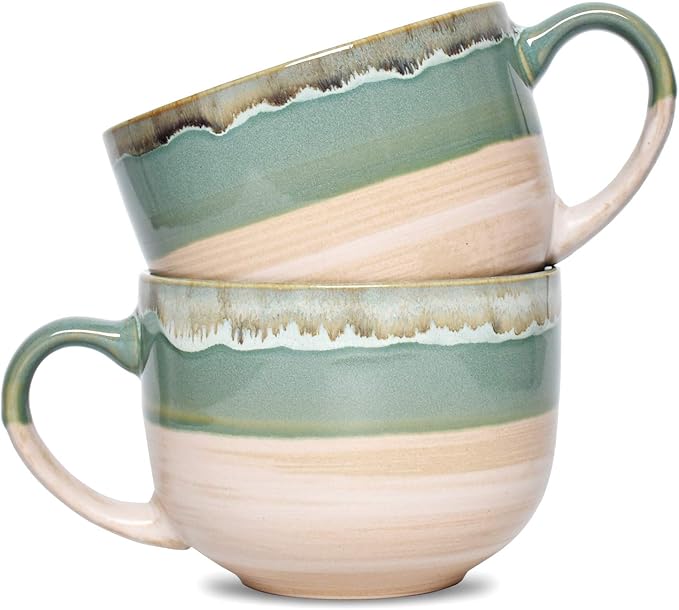 Bosmarlin Large Ceramic Coffee Mug Set of 2, Stoneware Jumbo Latte Mugs for Office and Home, 16 Oz, Dishwasher and Microwave Safe(Green, 2)