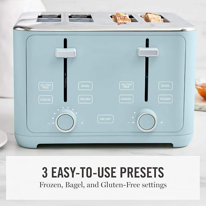 Martha Stewart 4-Slice Toaster, 3 Presets & 10 Shade Settings, Sky Blue | Gluten-Free, Bagels, Extra-Wide Self Centering Slots, Waffles & Artisan Bread, Shade Memory, Cord Wrap & Removable Crumb Tray